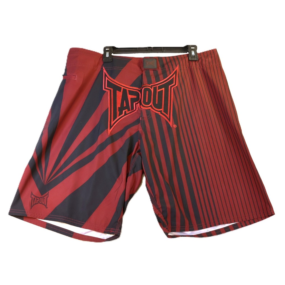 Tapout Mens 38 Board Shorts Red Black Graphic MMA Fight Shorts Sunburst Striped